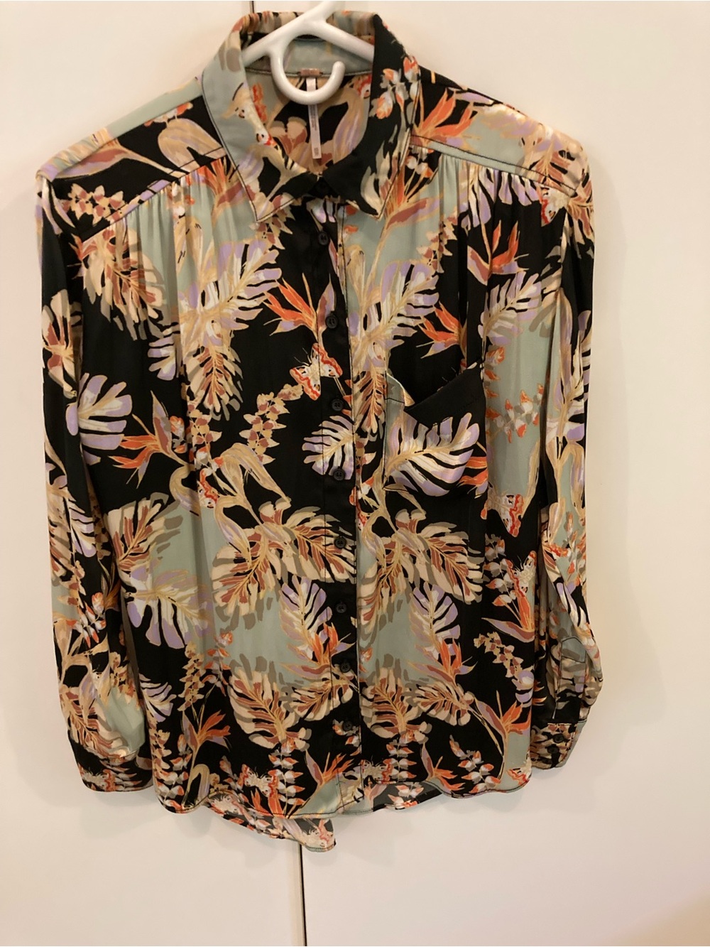 Free People Black Floral Button-Down Shirt with Mint and Coral Accents